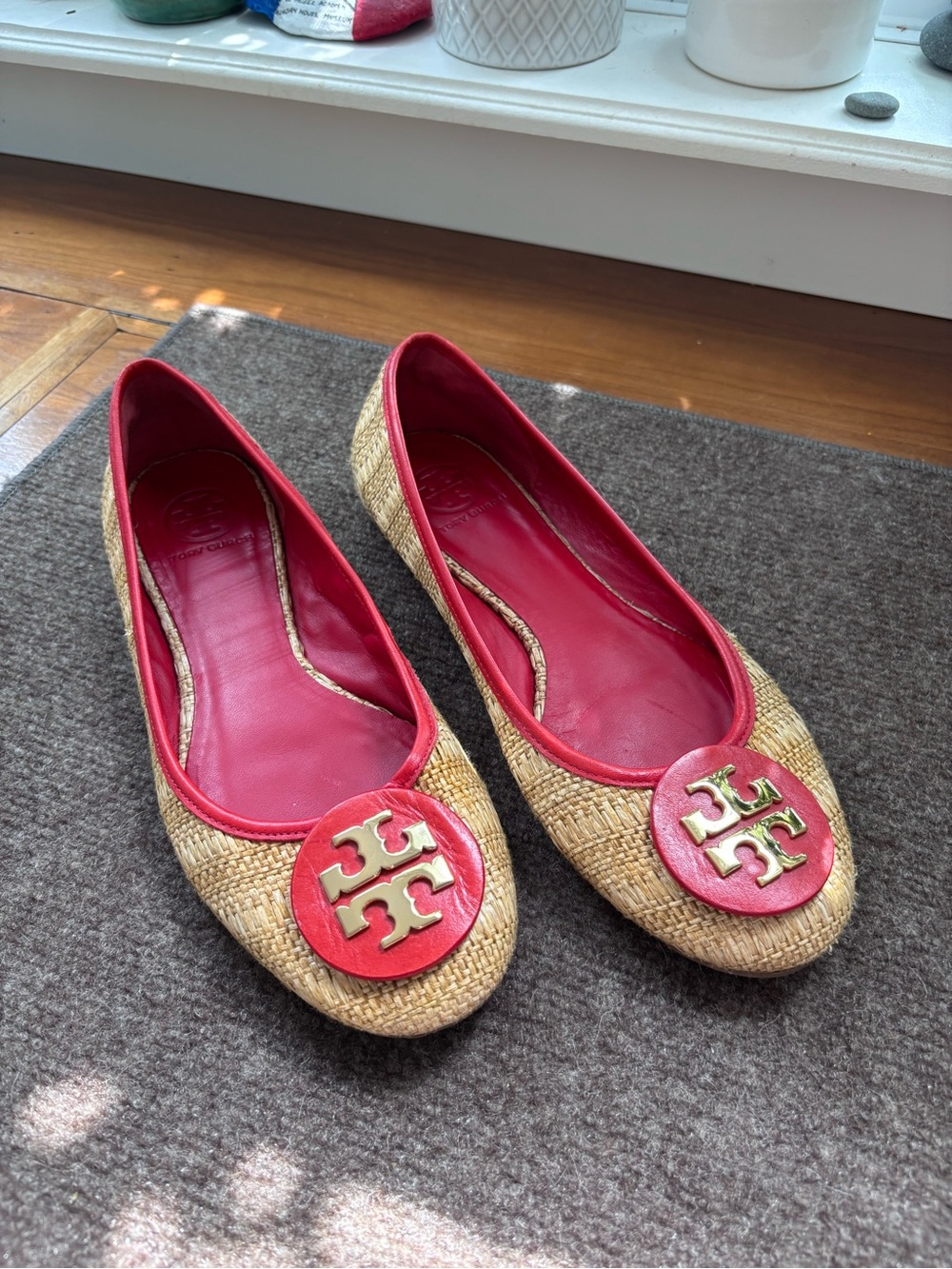 Tory Burch Reva Raffia & Red Leather Ballet Flats Size 10